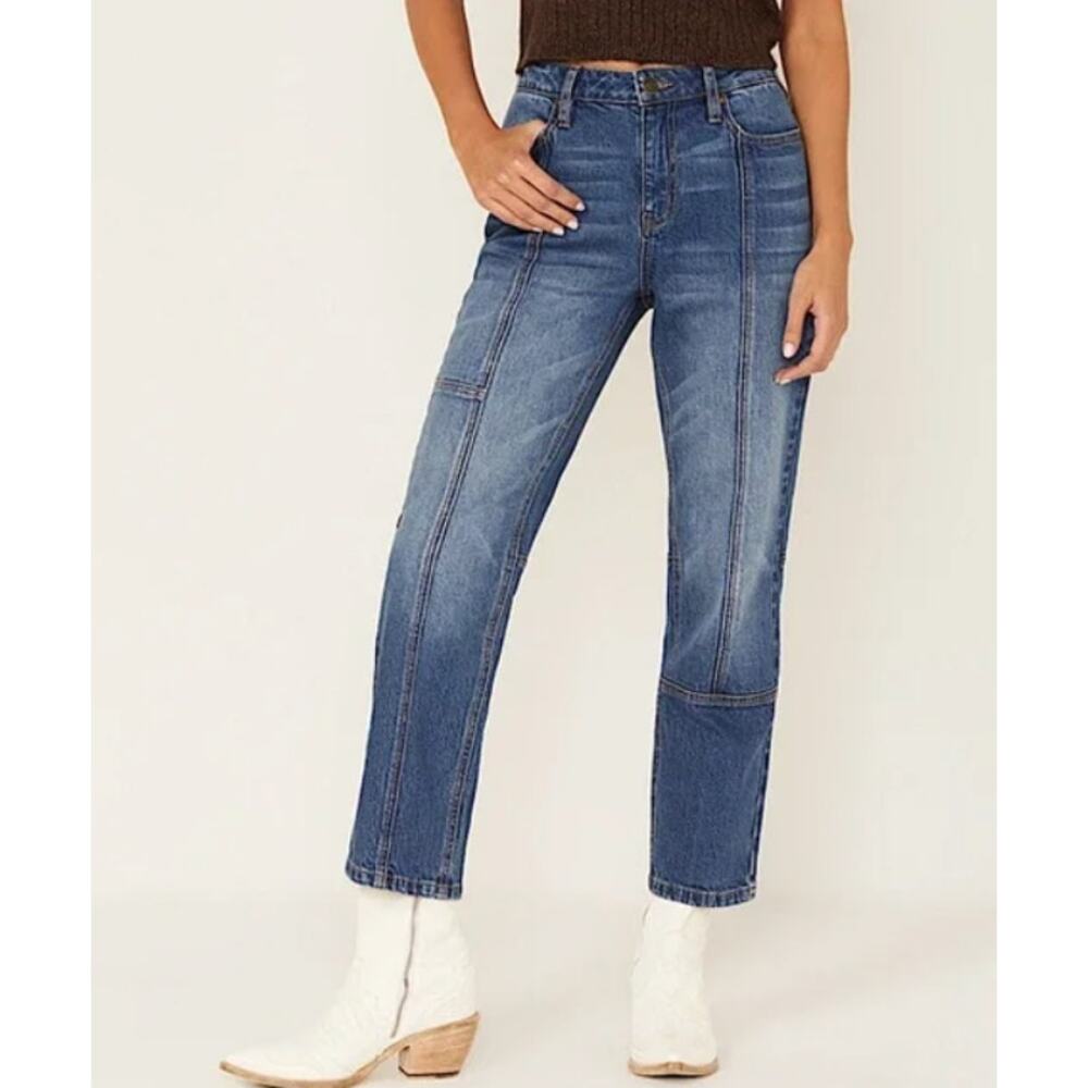 Cleo + Wolf High Rise Straight Leg Jeans 34x27 Patchwork Medium Wash Western‎
